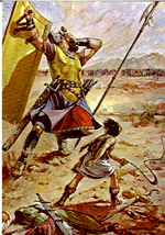 Goliath (left) doing battle with David (right)