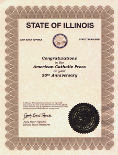 Certificate of Congratulations to ACP from Judy Baar Topinka